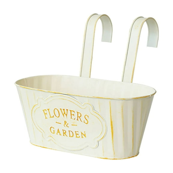 1Pcs Hanging Flower Pots,Metal Wall Planter,Iron Bucket Planter for Indoor Outdoor Railing Fence Balcony Garden Home Decoration with Drainage Rustproof and Detachable Hooks,Balcony Planters,Beige