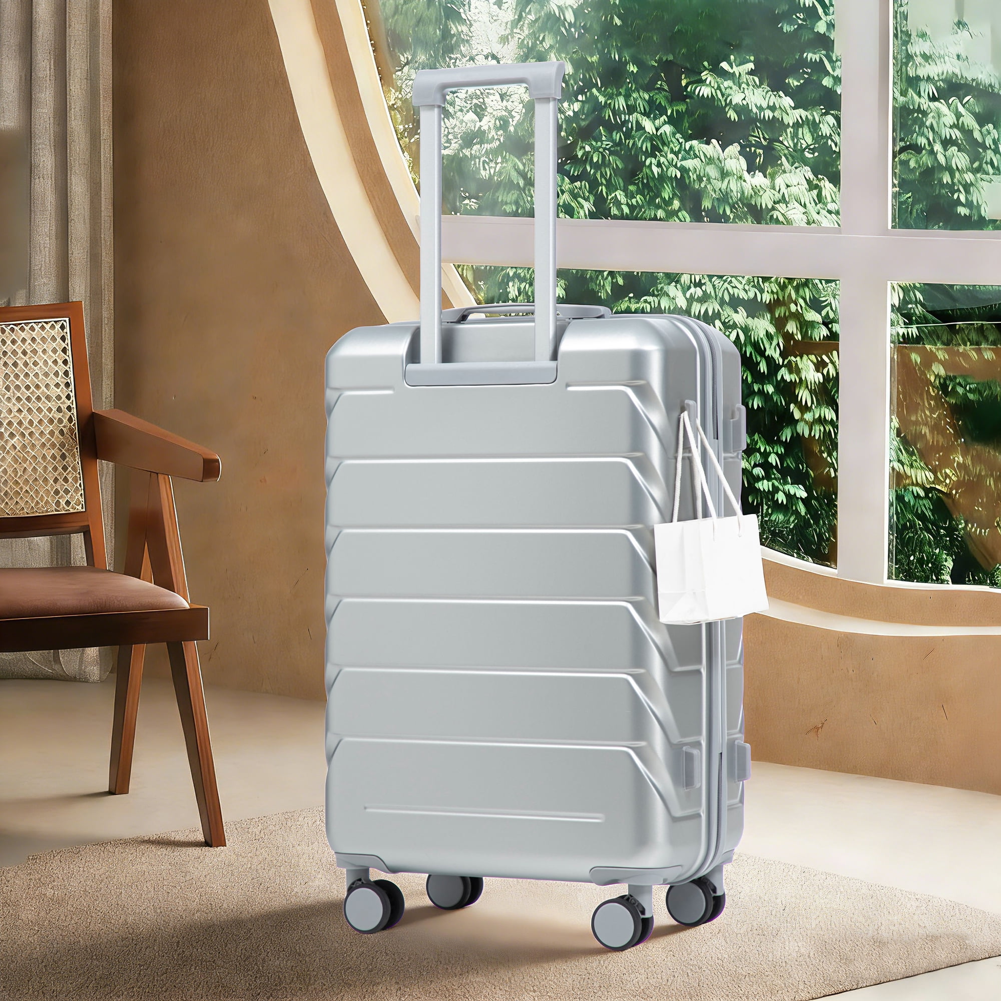 28 Inch ABS Hard Shell Large Travel Checked Luggage, Scratch Resistant Surface Four Multi-Directional Wheels, With Combination Lock and Side Hooks (Silver)