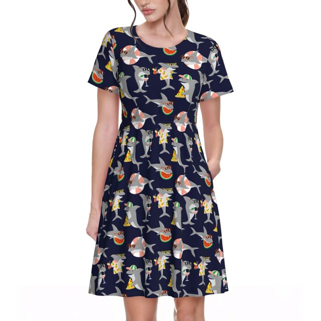 Disketp Sharks In Sunglasses para Vestido de Manga Corta para Mujeres, Vestidos de Verano para Mujeres, Casual y Holgado para la Playa