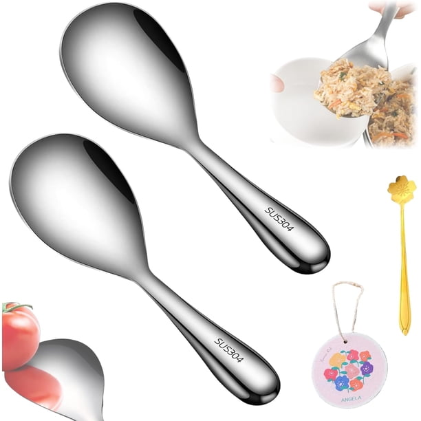 Cuchara de arroz antiadherente de acero inoxidable espesada, paleta de cuchara de arroz, paleta de cuchara de arroz, cuchara de arroz antiadherente resistente al calor, cuchara para servir arroz (2 pi