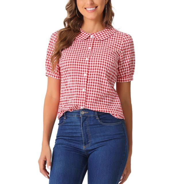 Camisa de cuadros para mujer INSPIRE CHIC con cuello Peter Pan, mangas cortas abullonadas, blusa de botones a cuadros XS roja
