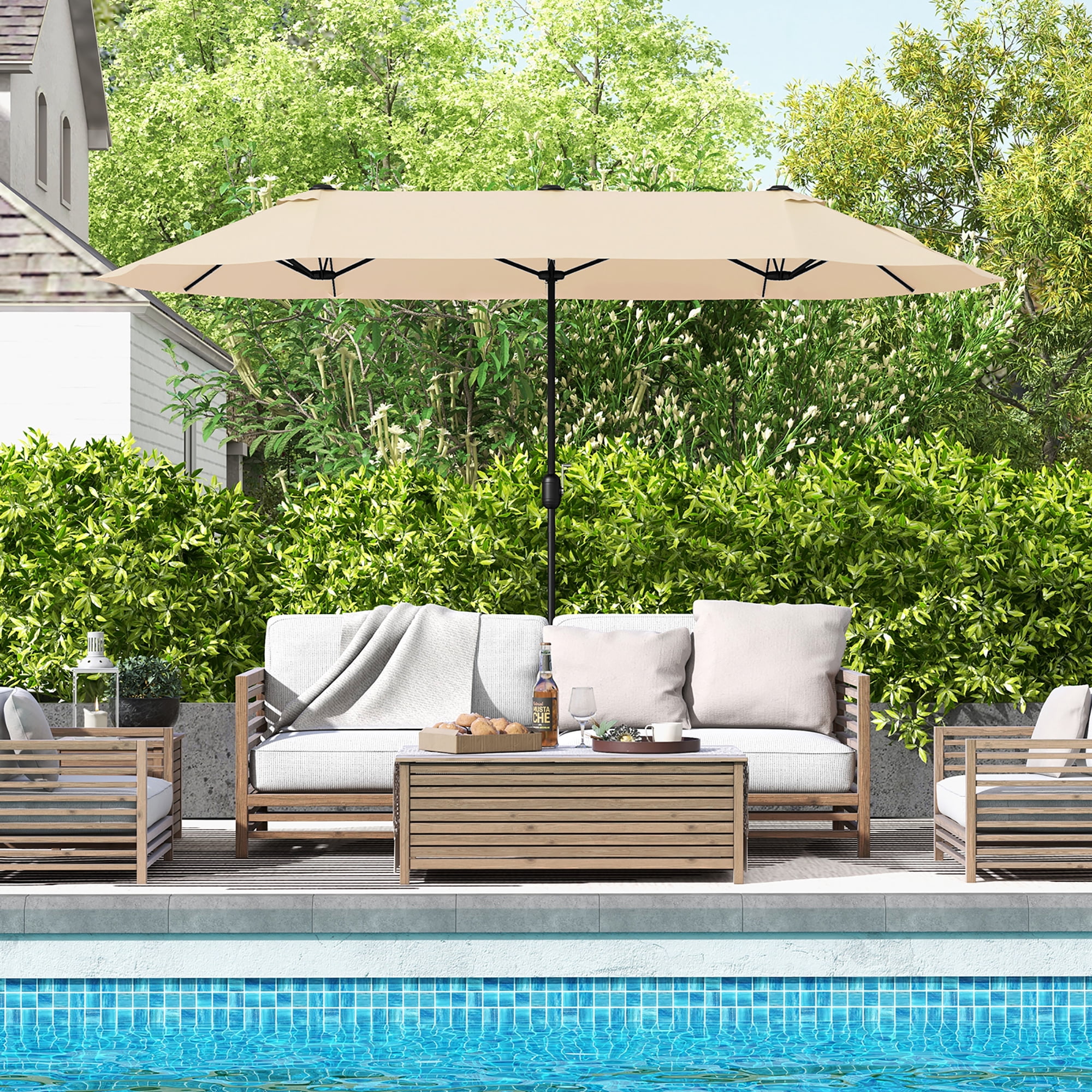 Gymax 13FT Double-sided Patio Umbrella w/ Crank Handle Umbrella Base Safety Lock Beige