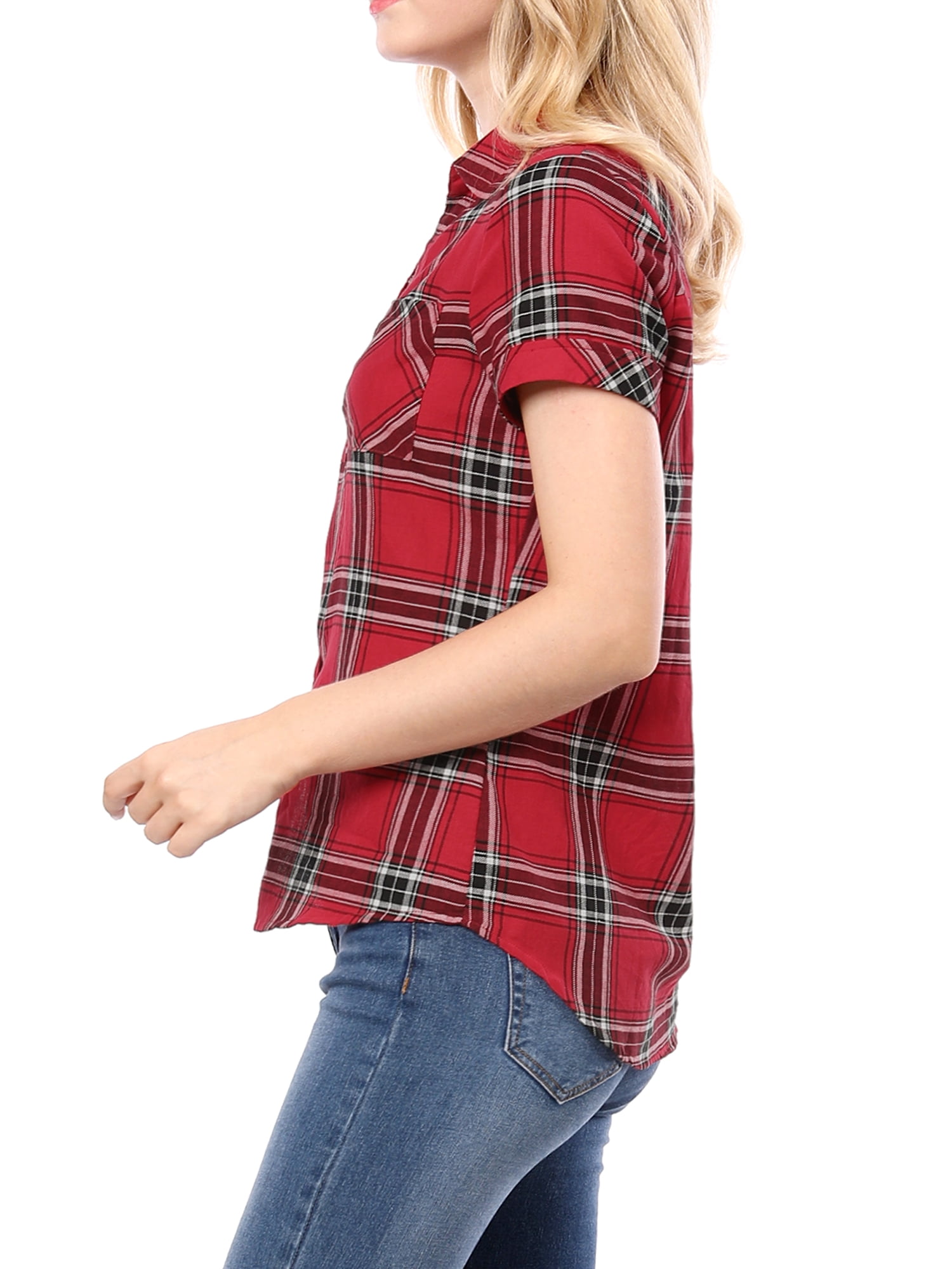 DARING DIVA Women's Casual Boyfriend Plaid Button Down Flannel Shirt L Red