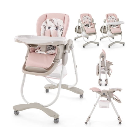 Furnibear Folding High Chair with 4 Lockable Wheels 7 Level Height Double Layer Tray and 5 Point Belt, a Portable High Chair and Travel High Chair Rival to an Ingenuity High Chair, Pink