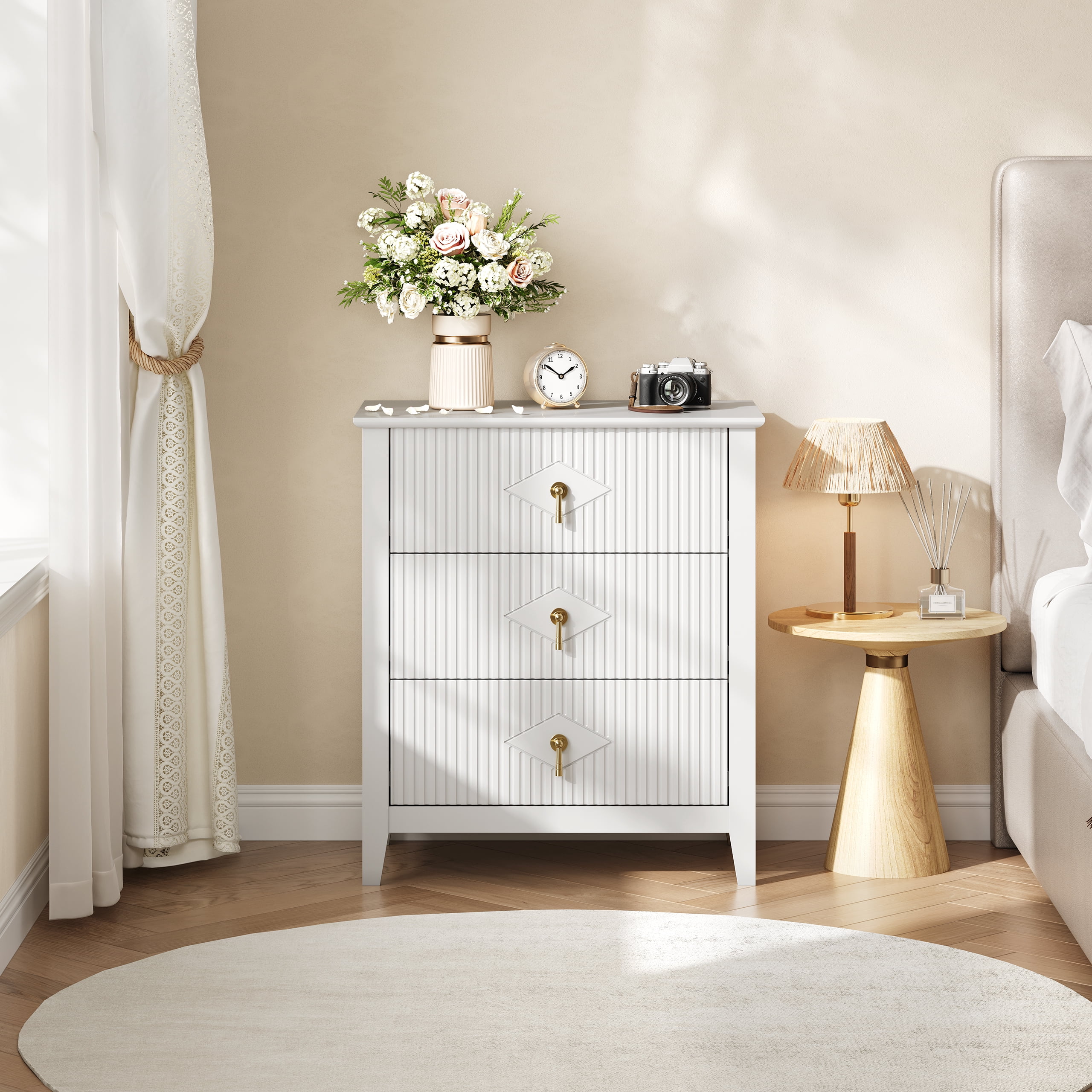 White Fluted Dresser for Bedroom, 32 Inch Wide Nightstand with Large Drawer, 3 Drawer End Table for Bedroom, Living Rooms, Offices, and Entryways