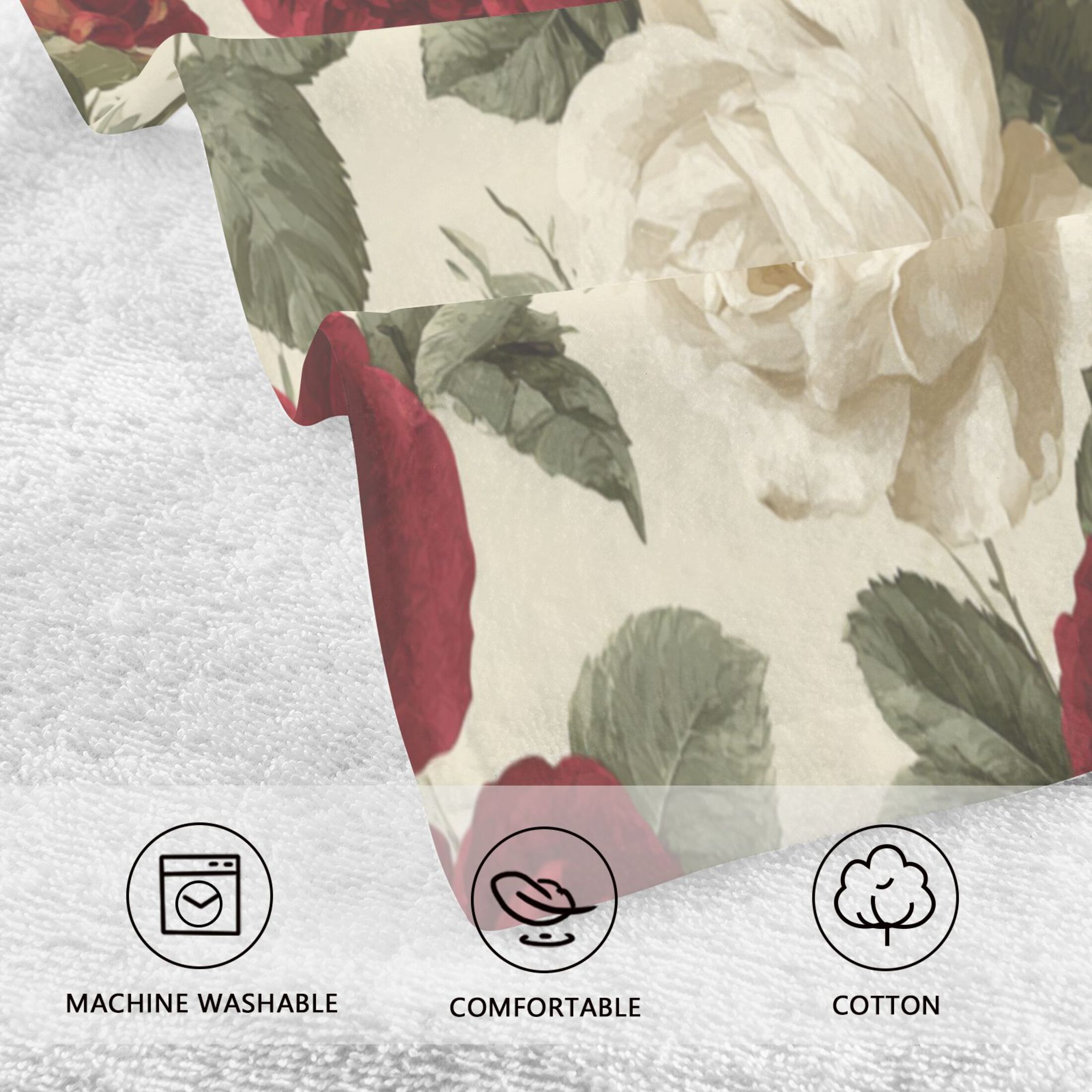 2 Pcs Absorbent Face Towel Bath Hand Towels Soft Breathable Cotton Towel Set for Bathroom Kitchen Hotel Spa Decor Red and White Roses