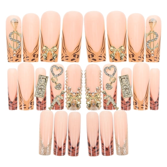 CATIEBYE French Tip Press on Nails Leopard Print Design with Long Coffin Shape and Gold Bow Accents