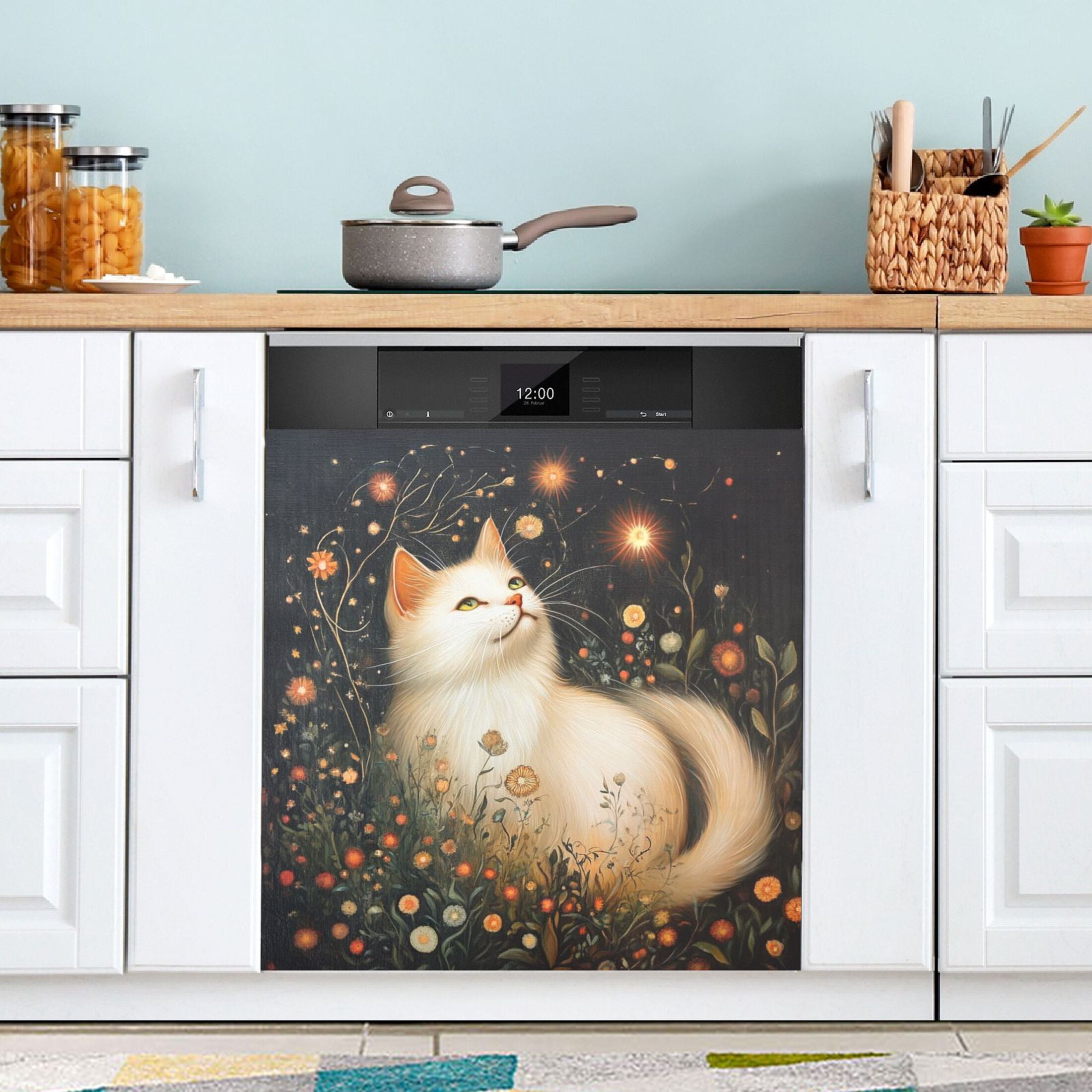 Dishwasher Magnetic Sticker 23x26 Inch Refrigerator Magnetic Sticker Washing Machine Magnetic Sticker Kitchen Panel Magnetic Sticker Home Decor Magic White Cat