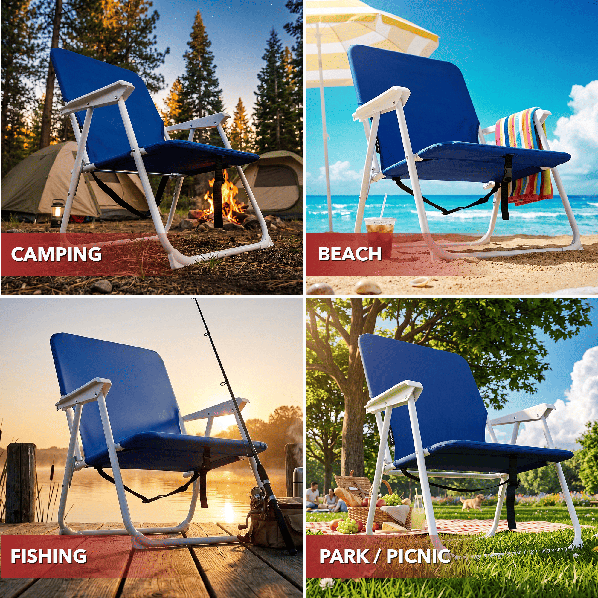 OVENTE Portable Beach Chair, Lightweight, Ergonomic Design, Blue CHR011BL | Foldable Camping Chair with Hard Armrest, Backrest and Pocket for Storage, Ideal for Travel, Hiking and Picnic