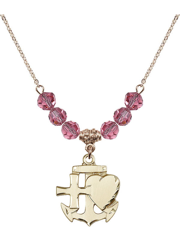 Pink Rose October Birthstone Hope & Charity Charm 18-Inch Hamilton Gold Plated Necklace with 6mm Rose Birthstone Beads and Faith