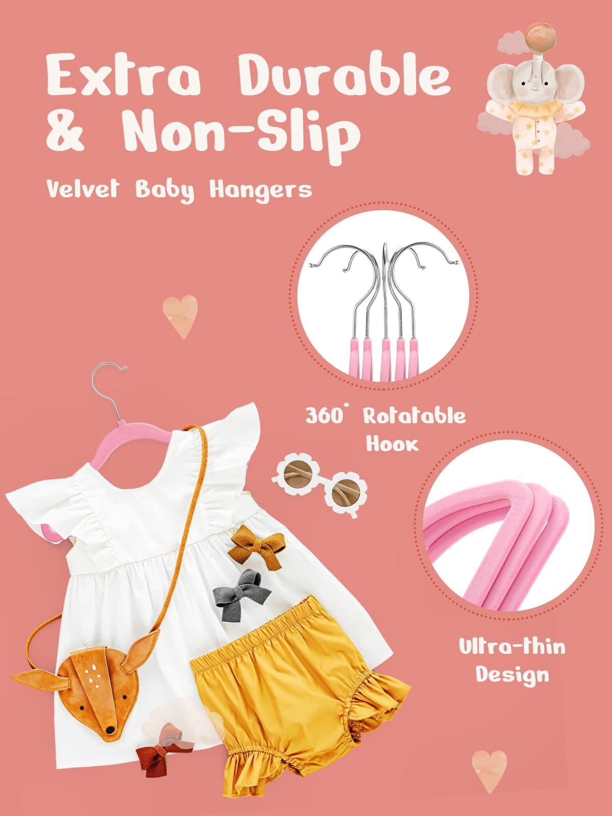 Cozymood 50 Pack Velvet Kids Hangers 11 inch Baby Felt Hangers Space-Saving Thin Design Baby to Toddler Clothes Organizer, Pink