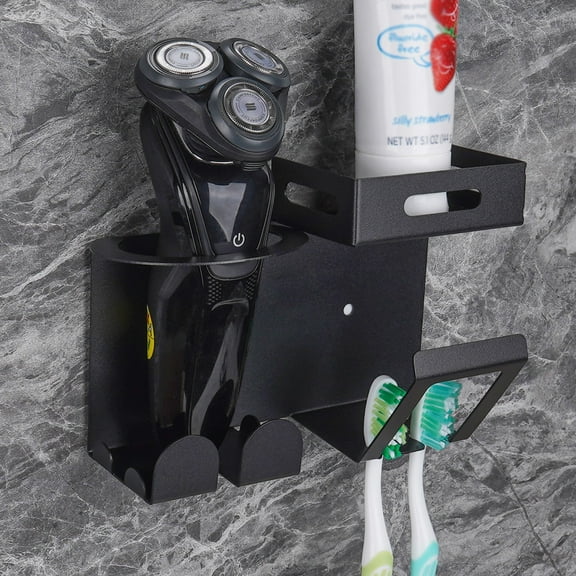 DODAMOUR Stainless Steel Toothbrush Holders for Men, Wall Mounted Bathroom Tooth Brushing Organizer, Multipurpose Bathroom Accessories Organizer for Toothpaste, Cup, Electric Razor(Black)