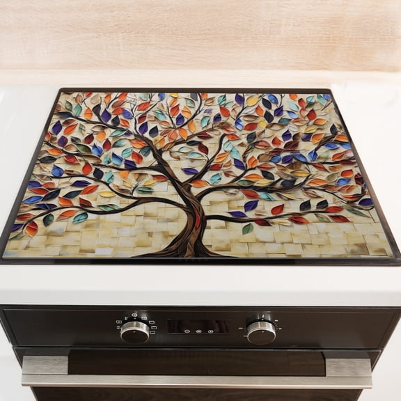 Stove Top Covers for Gas Burners, Retro Colorful Tree, Square Foldable Stove Mats, Waterproof Oilproof Dustproof Decorative Induction Pad for Kitchen RV (28×20 Inch)
