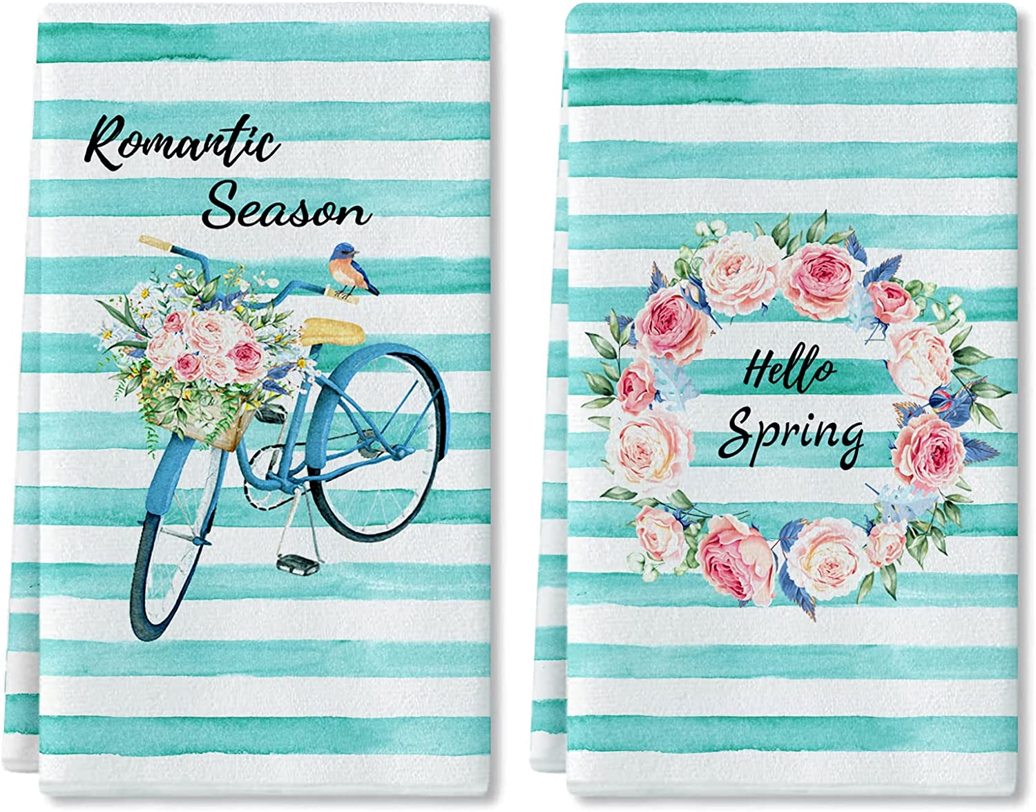JOOCAR Kitchen Towels, Teal Striped Bike Rose Garland Hello Spring ...