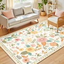 NewBuros 6'x9' Area Rugs, Boho Non Slip Washable Rugs for Living Room, Stain Resistant Soft Low Pile Indoor Floral Carpet for Bedroom Dining Room Office, Cream White