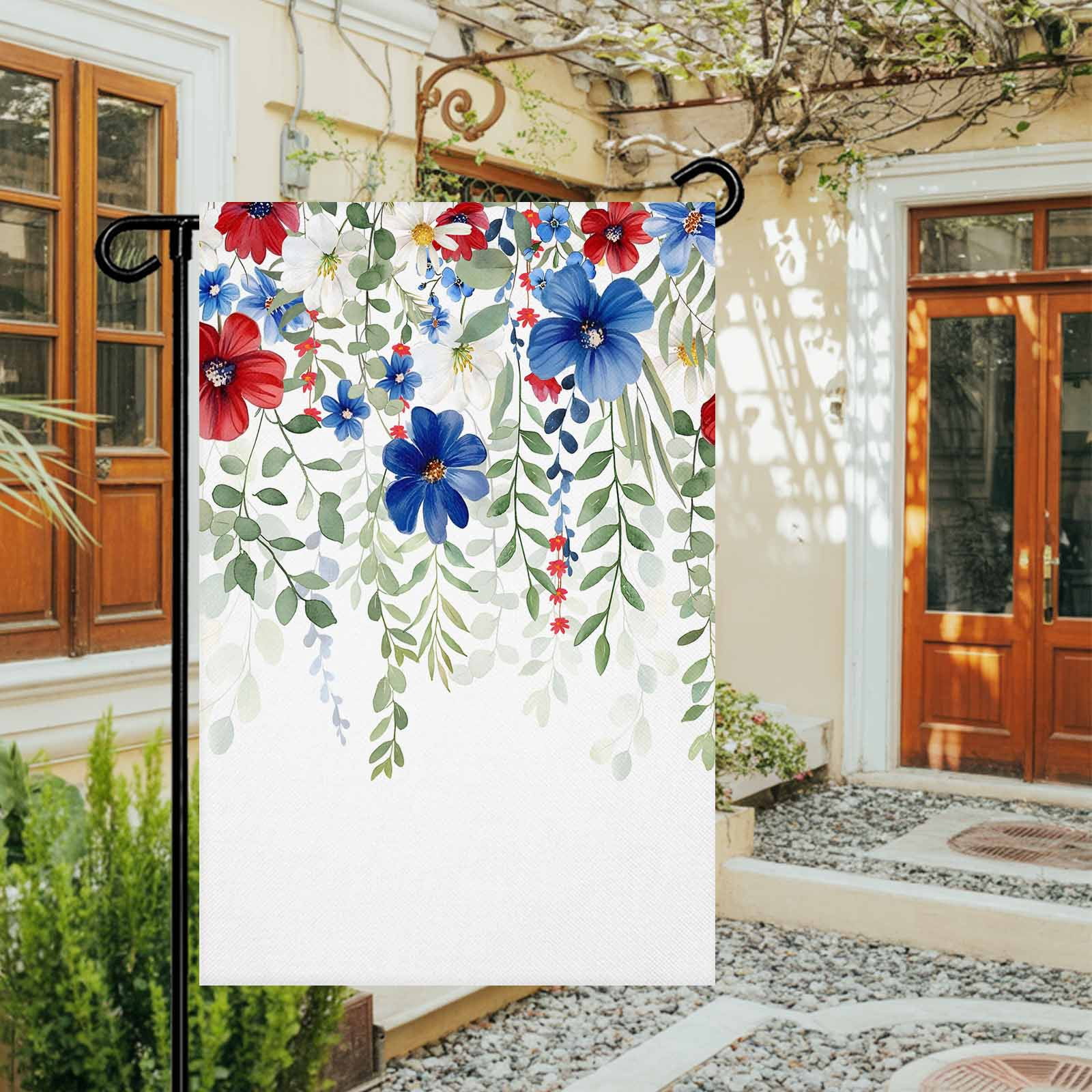 4th of July Garden Flags Red Blue Floral Garden Flag Double Sided Welcome Flag Eucalyptus Leaf Branch Independence Day Yard Flags for Outdoor Lawn Porch Memorial Day Holiday Decor 28x40 Inch