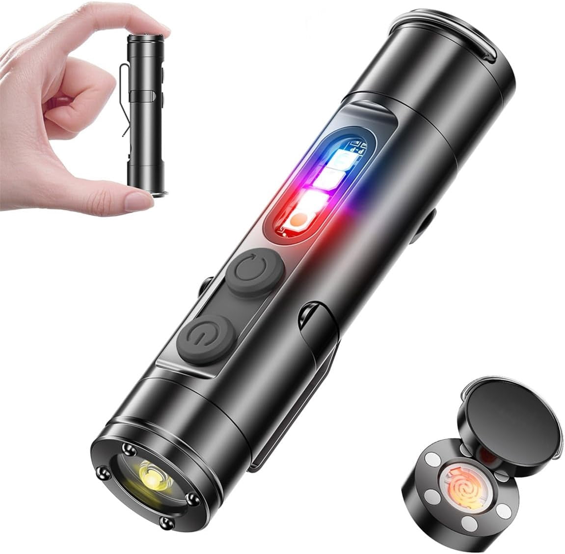 Pocket Rechargeable Edc Flashlight: Mini Keychain Light with Fire Starter & Window Breaker, Mini Light with Fire Starter, Magnetic Emergency Bright Keychain Flashlight for Camping, Hiking(Silver)