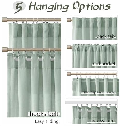 Aqua Green Linen Semi Sheer Curtains 108 Inches Length Light Filtering Neutral Farmhouse Boho Rod Pocket Back Tab Hook Belt Clip Rings Window Drapes for Bedroom Living Room 2 Panels 52x108
