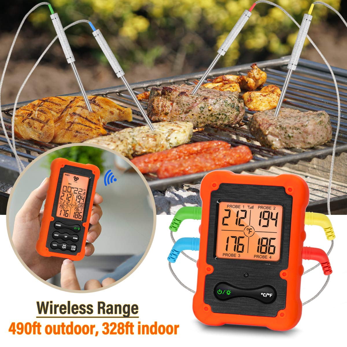 Grill Smoker BBQ Cooking Food Thermometer Oven Safe - Digital Wireless Meat Thermometer for Grilling Smoking with 2 Probes - Kitchen Baking Steak Turkey Candy Thermometers, not for Medical Purposes