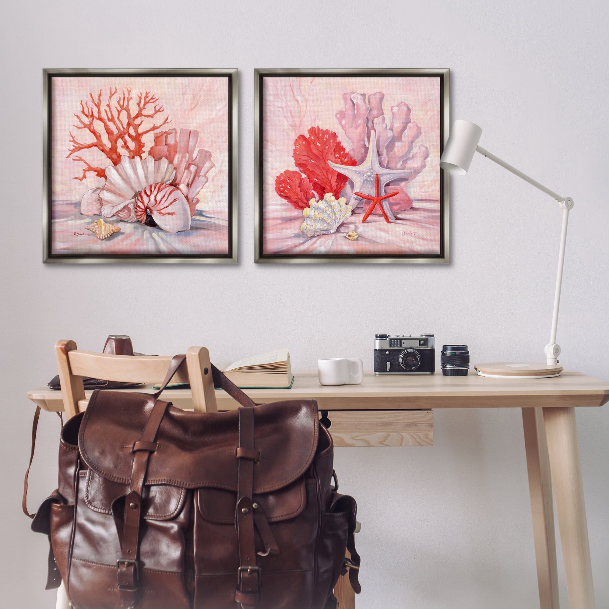 Stupell Industries Pink Coral Still Life Nautical & Beach Painting Gray Floater Framed Canvas Art Print Wall Art, 25 x 25, Set of 2