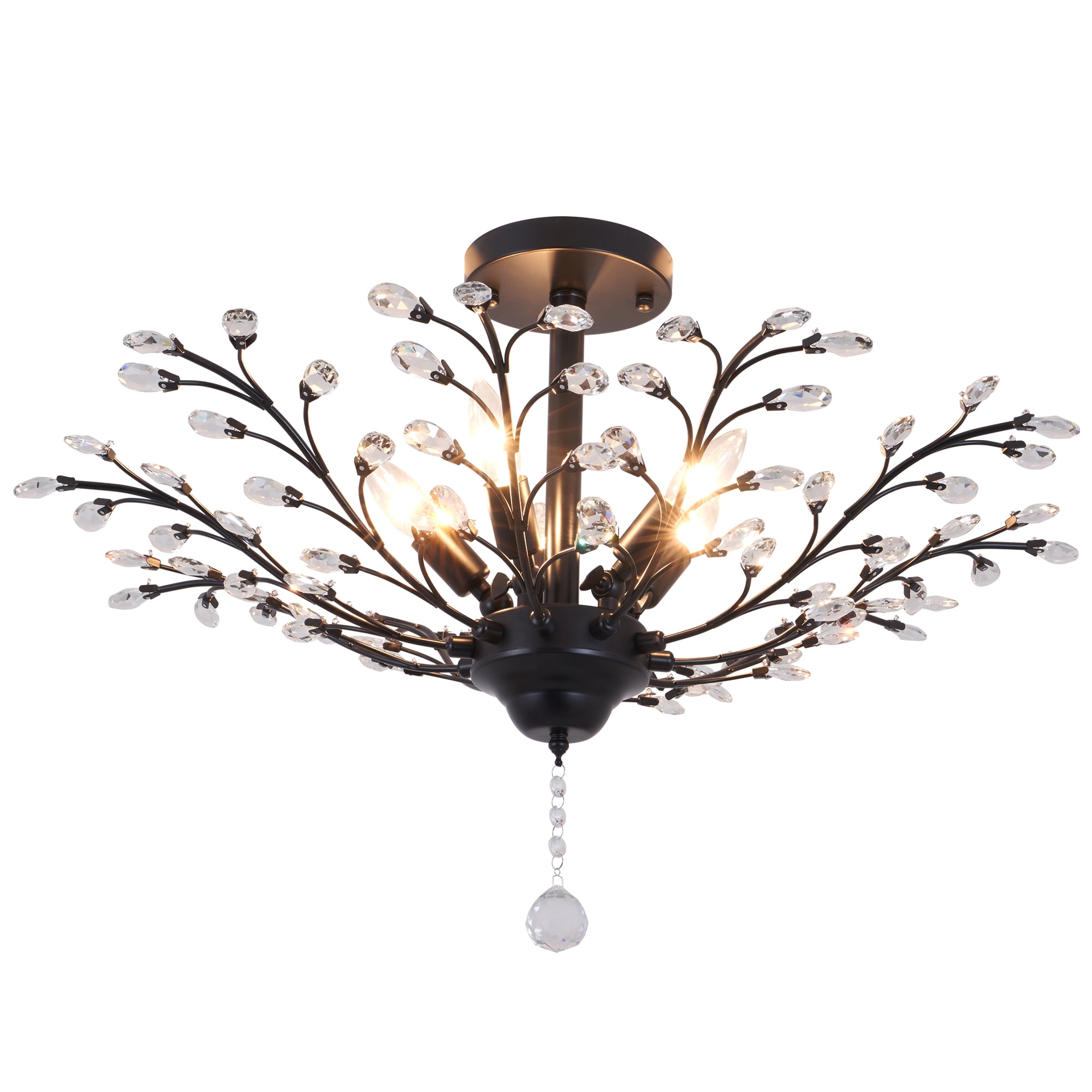 Vintage Large Crystal Branches Chandeliers Black Close to Ceiling Light Flush Mount Fixture with 5 Light
