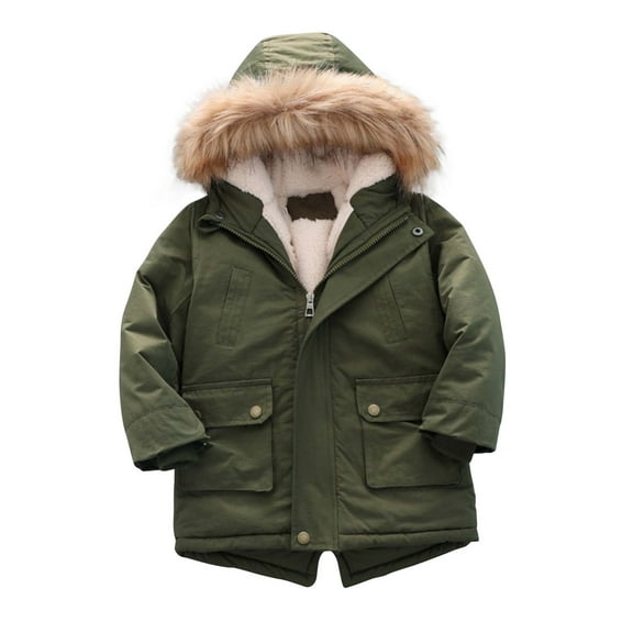 Scyoekwg Toddler Boys Jacket Winter Velvet Padded Coat Fashion Warm Cotton-padded Jacket Long Sleeve Hooded Coat Outwear (Green,4-5 Years)