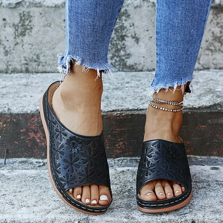 

Slippers Clearance Women Summer Slip-On Wedges Beach Open Toe Breathable Sandals Embroidery Shoes