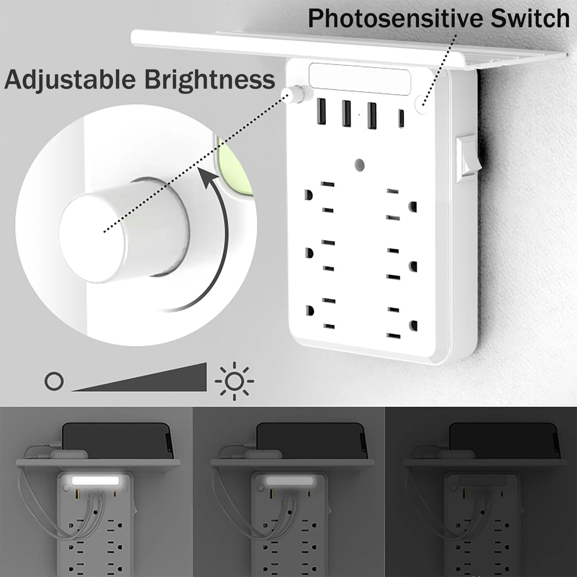 Wall outlet extender with shelf and night light