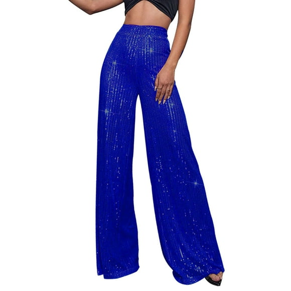 SNOWSONG Clearance! Plus Size Pants for Women, Women's Sexy Metallic Sparkly Wide Leg Pants Trousers Clubwear High Waisted Sequin Loose Drape Fashion Casual Pants Blue1 M