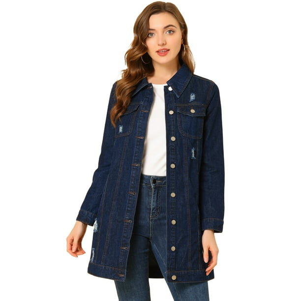 INSPIRE CHIC Chaqueta De Mezclilla Casual Rasgada De Manga Larga Desgastada Para Mujer Azul oscuro M