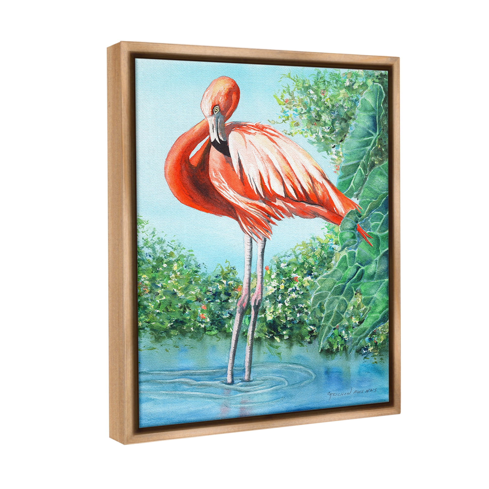 Stupell Industries Flamingo & Lush Nature Animals & Insects Painting Brown Floater Framed Canvas Art Print Wall Art, 25 x 31