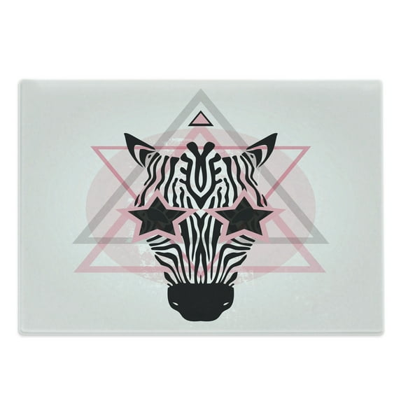Pink Zebra Cutting Board, Zebra Head Star Eyes Portrait Geometric Prehistoric Effect Ethnic, Decorative Tempered Glass Cutting and Serving Board, Large Size, Pale Pink White Black, by Ambesonne