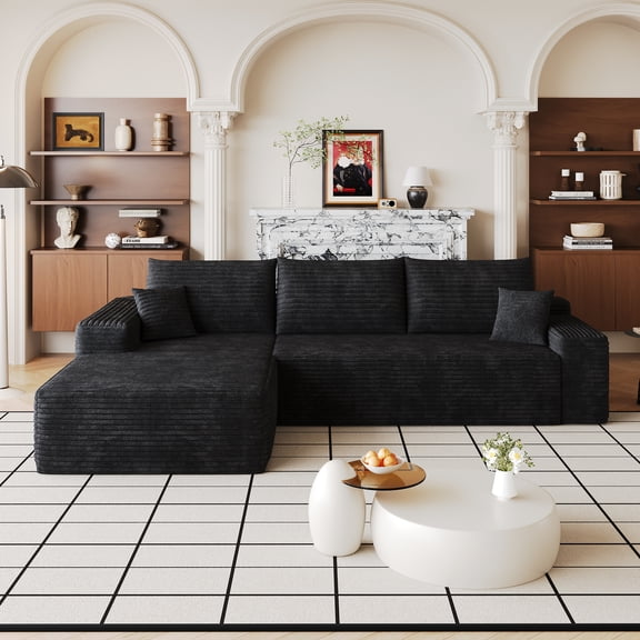 Tulib 107" Cloud Sectional Sofa, 3-Seat Modern Modular Sofa with Deep Seat, Corduroy Upholstered Sofa, No Assembly Required, Sleeper Couch for Living Room Bedroom, Black