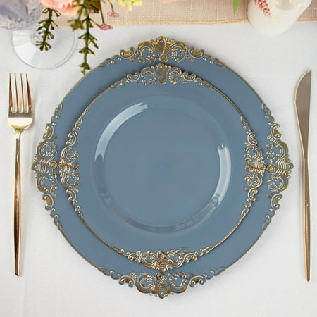 

Efavormart 10 Pack | Dusty Blue/Gold Baroque 8 Round Plastic Dessert Salad Plates Disposable Tableware with Leaf Embossed Gold Rim
