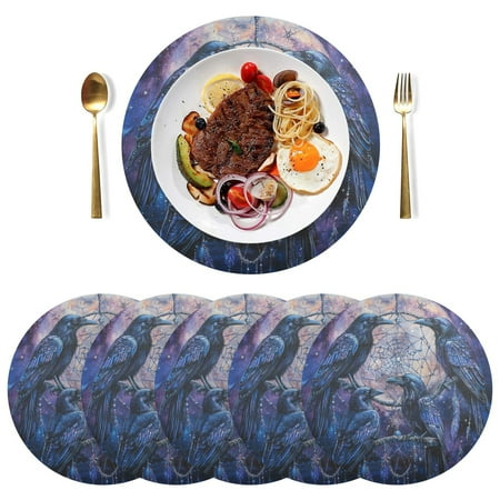 

Qxltty 15inch Round Placemats Set of 6 Polyester Fabric Heat Resistant Washable Table Mat for Kitchen Party Decor Cobweb Crow