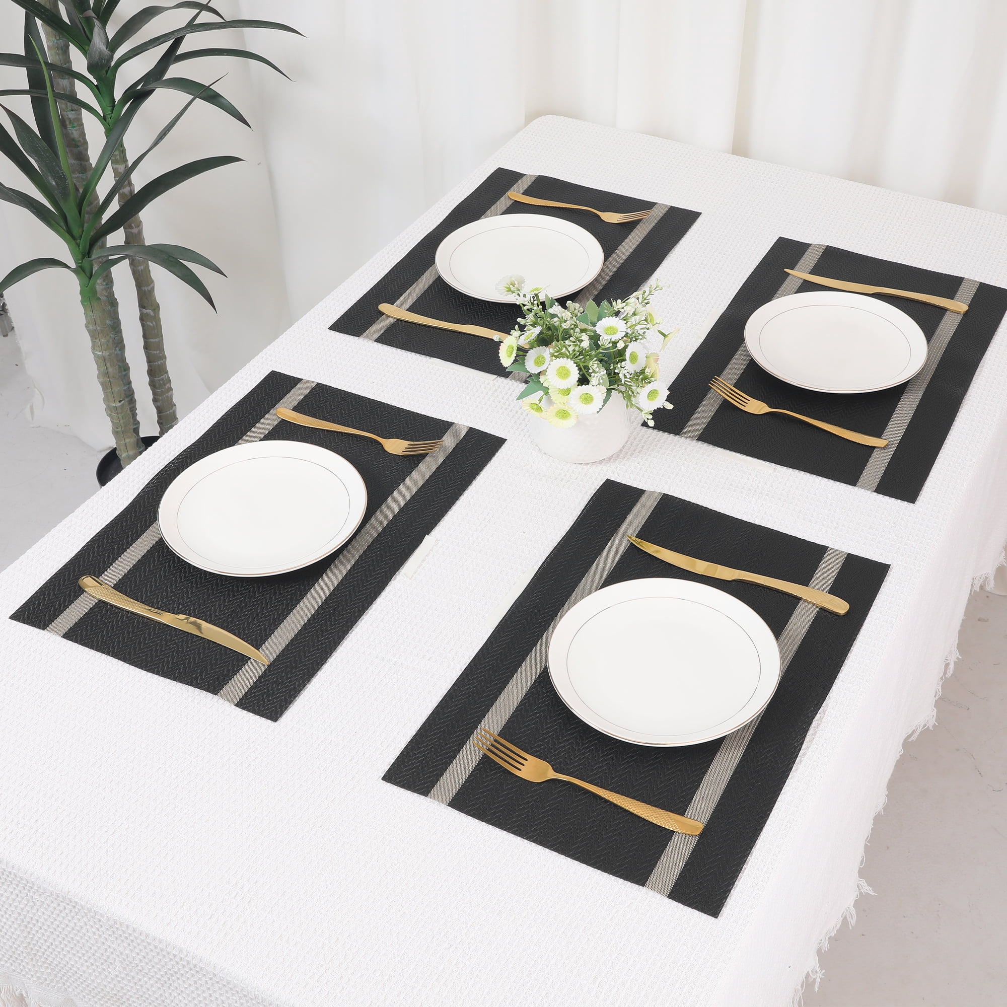 Unique Bargains Set of 8 Vinyl Placemats for Kitchen Washable Table Placemats Black