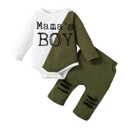 

KIMI BEAR Newborn Boys Outfits 9 Months Newborn Boy Autumn Outfits 12 Months Newborn Boy Casual Letter Print Color Stitching Long Sleeve Jumpsuits + Ripped Pants 2PCs Set Army Green