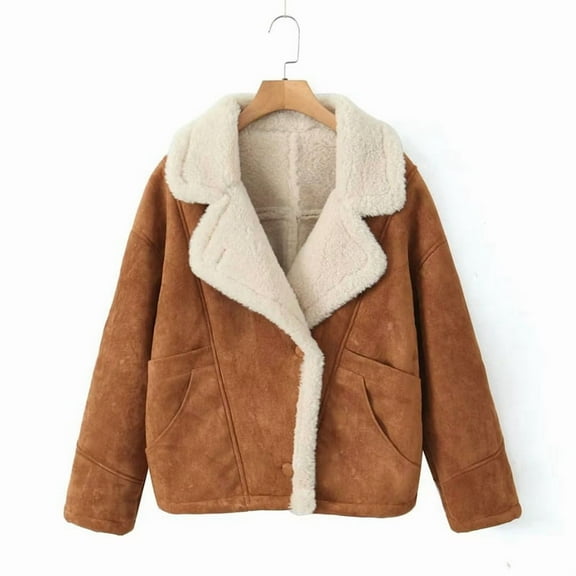 Women Oversized -Lined Leather Faux Suede Fleece Coat Winter Biker Aviators Jacket Overcoat Caramel Color L
