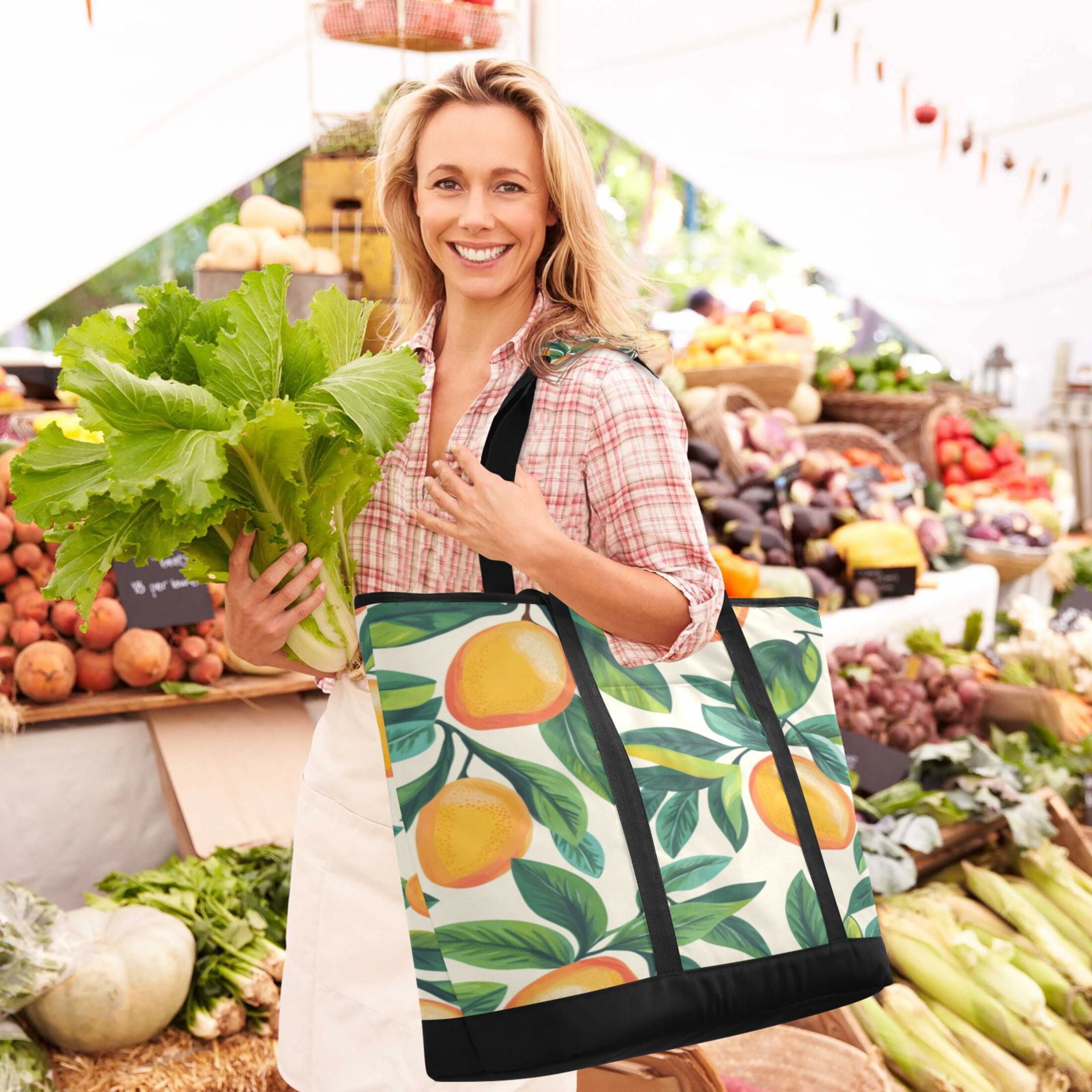 Large Hand-held Ice Pack Picnic Bag Insulation and Refrigeration Suitable for Shopping Picnics and Camping Lemons and Leaves