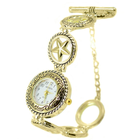 Ladies Gold-Tone Clubbing Watch 28mm 7.5mm thick case. White dial, 20mm wide gold-tone Metal link bracelet fits7.5 inches wrists.