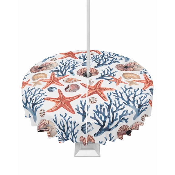 Hokiten Outdoor Tablecloths with Umbrella Hole & Zipper, Coastal Round Tablecloth 54 Inch, Summer Beach Starfish Coral Shell Conch Nautical Waterproof Table Cloth, Patio/Pool/Picnic Table Covers