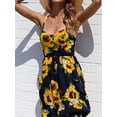 thumbnail image 5 of Spencer Women's Dress Summer Floral V-Neck Bohemian Spaghetti Straps Boho Tie Front Button Down Swing Midi Dress with Pockets "XL,Navy", 5 of 7