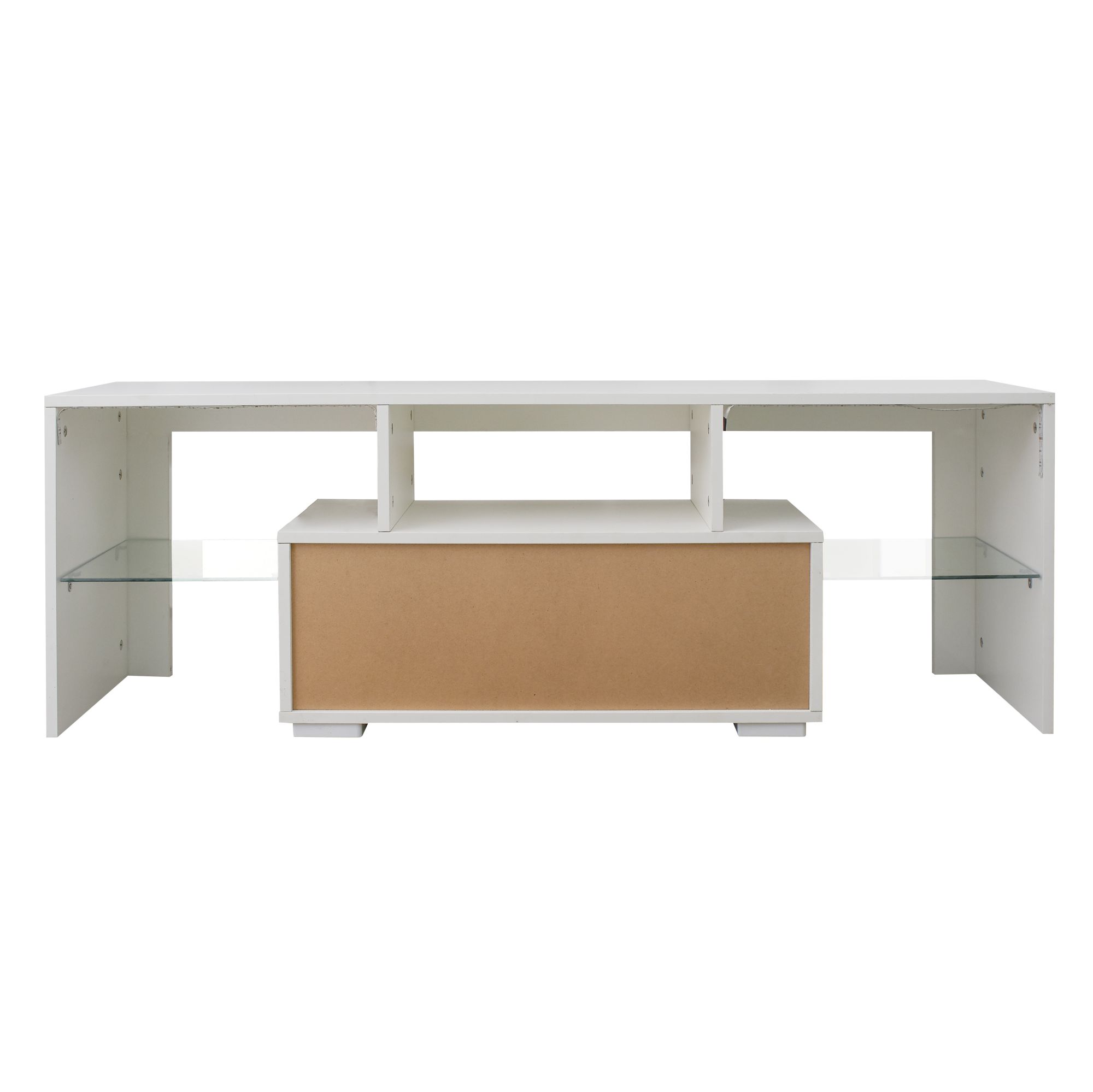 DEALTOPS Modern Simple TV Stand with LED RGB Lights and Open Glass Shelves, Stylish TV Cabinet with 1 Storage Drawer for TVs up to 55'' - White