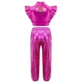 thumbnail image 2 of Haitryli Kids Girls Shiny Metallic Jazz Dancewear Sleeveless Mesh Patchwork Crop Top Vest with Pants Set Hot Pink 8, 2 of 4