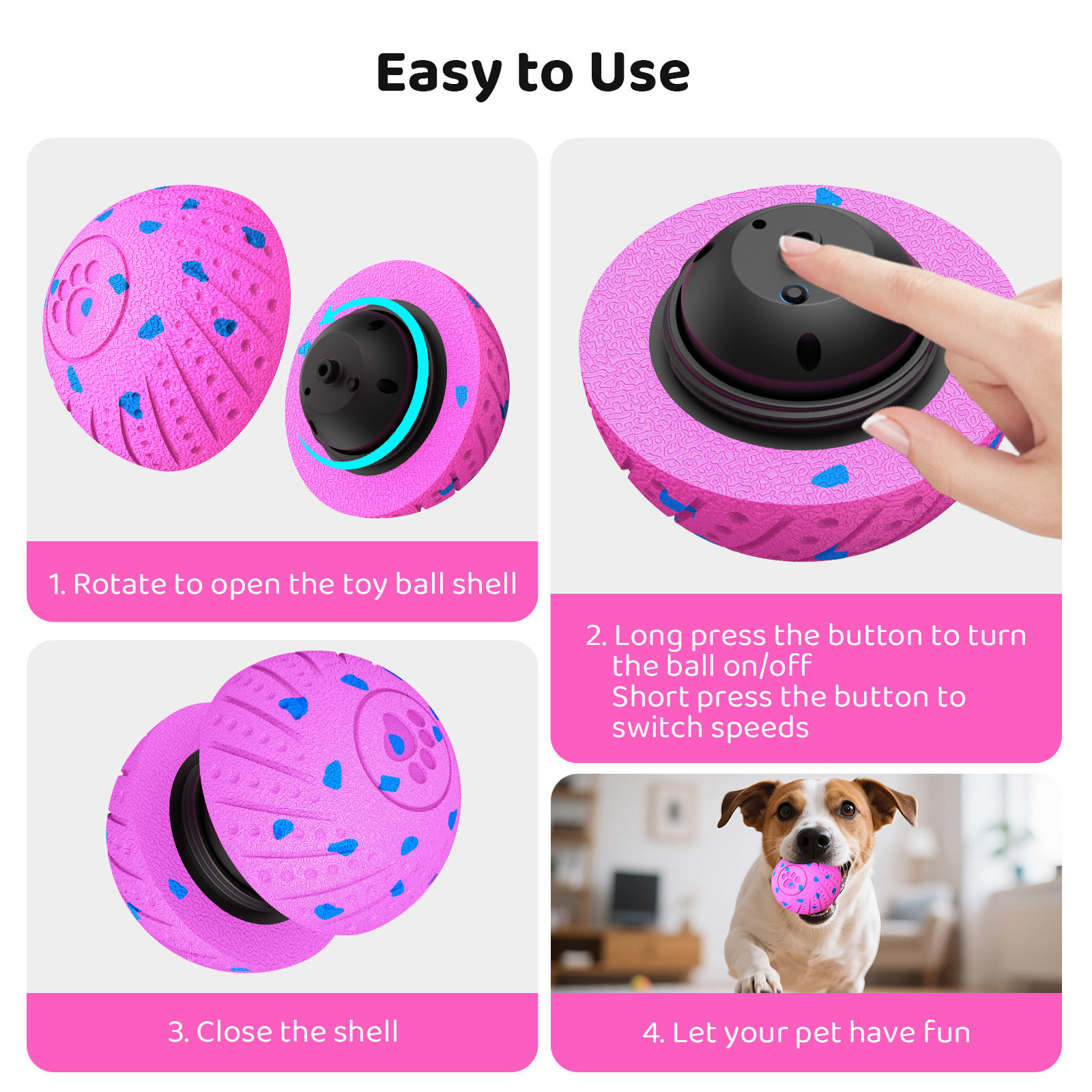 Inadays Dog Toys Interactive Dog Ball Toys For Large Dogs Automatic Ball for Dogs Chew Resistant Rechargeable E-TPU Silent Foam IPX54 Waterproof Dog Toys for Medium/Large Dogs,Pink