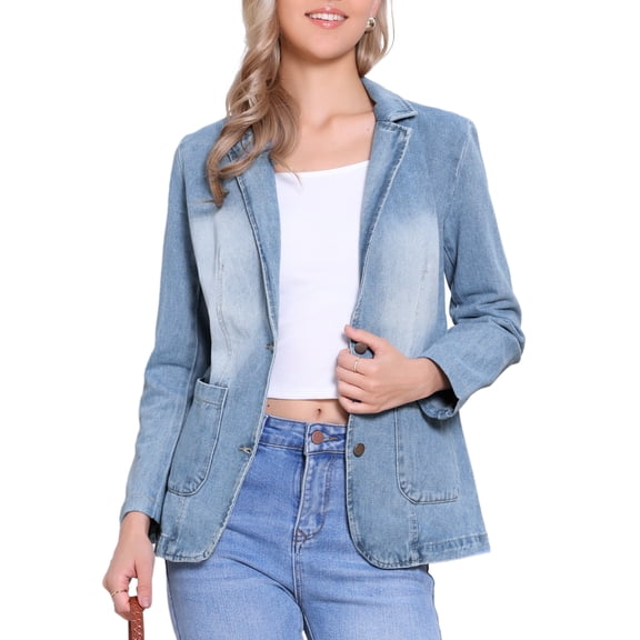 DARING DIVA Women's Notched Lapel Long Sleeve Button Up Denim Blazer XS Light Blue