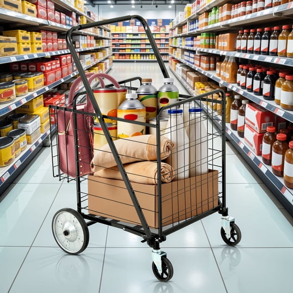 Uforic Super Jumbo Folding Shopping Cart, Heavy Duty Double Basket Rolling Grocery Utility Cart with Wheels for Groceries, Laundry & Storage