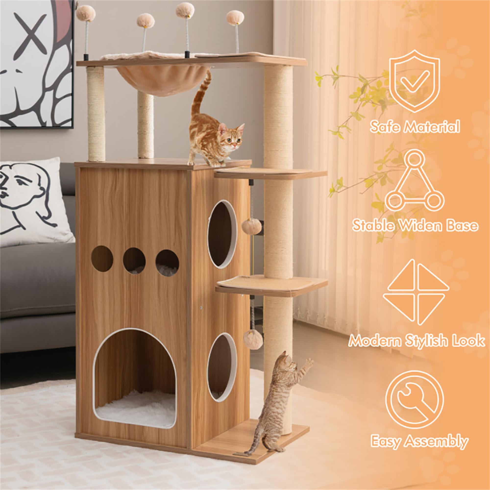Kadyn 52" Wood Cat Tree Tower for Indoor Cats with Scratching Posts Washable Detachable Cushion, Teasing Balls, Modern Cat Condo Furniture for Large Cat, Beige