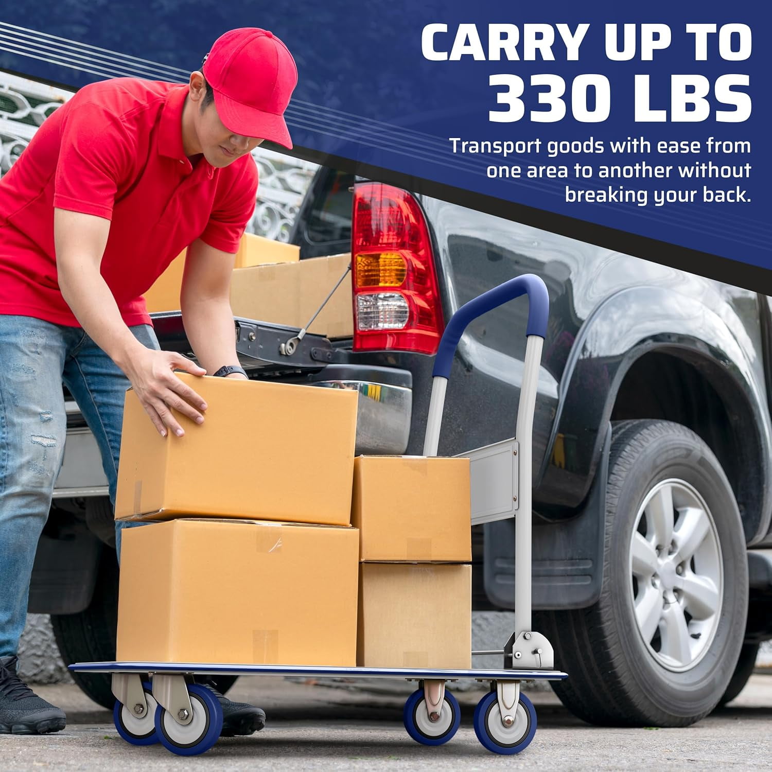 Lifetime Appliance Parts Upgraded Foldable Push Cart Dolly | 330 lbs. Capacity Moving Platform Hand Truck | Heavy Duty Space Saving Collapsible | Swivel Push Handle Flat Bed Wagon - (Blue)