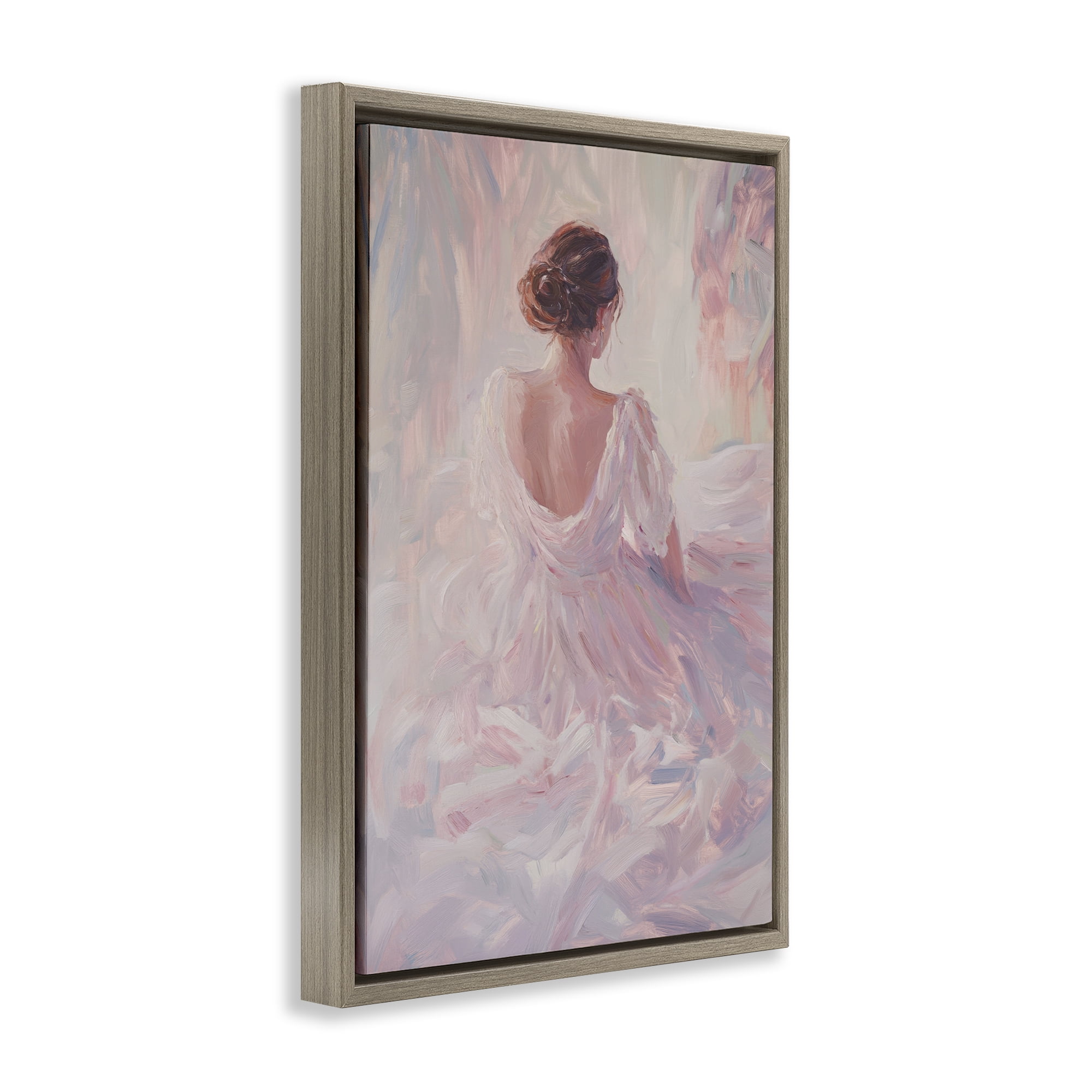 Stupell Industries Graceful Woman in Blush Gown Brown Framed Floater Canvas Wall Art, design by Petal Prints Design